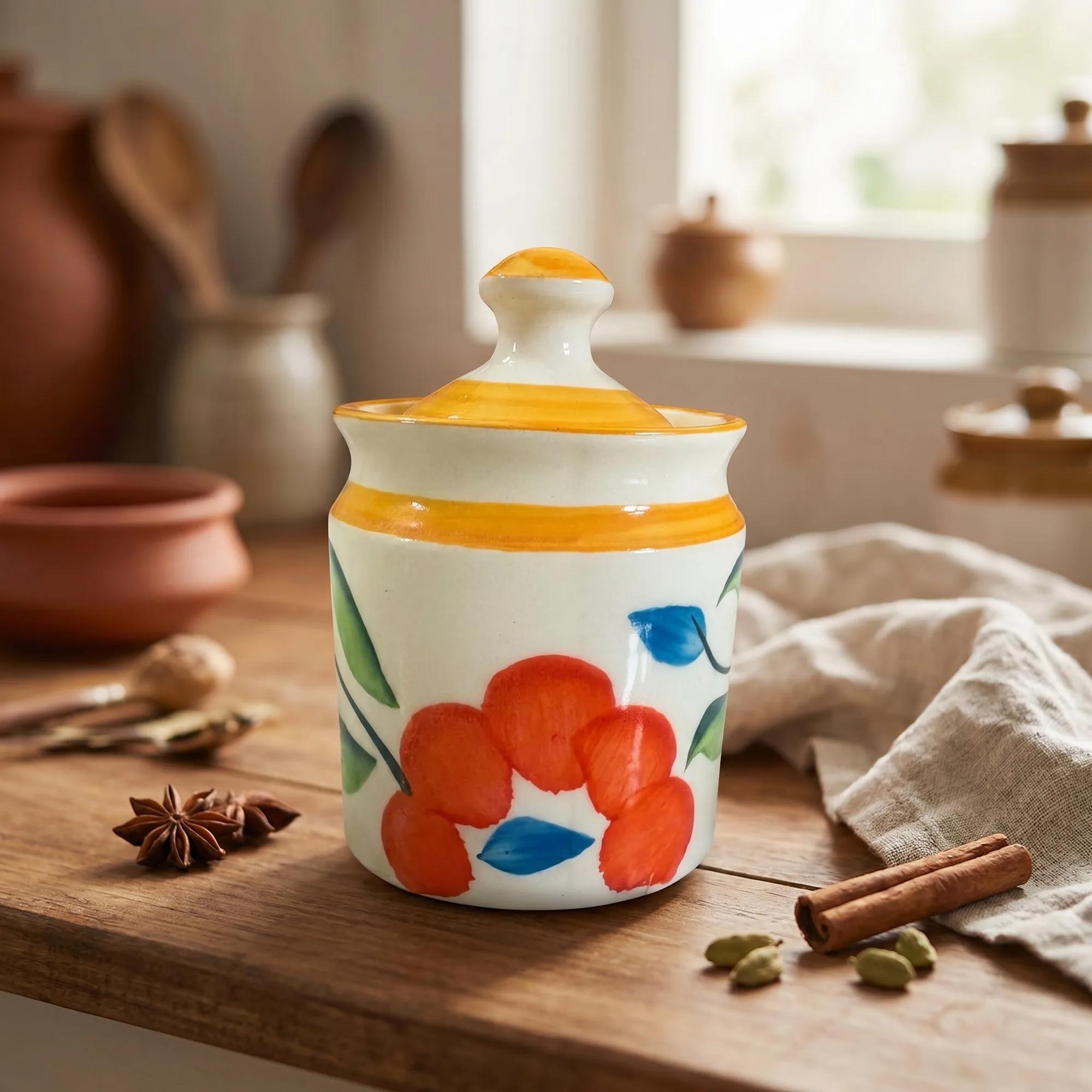 Ceramic Storage Jar 250ml – Yellow Floral Kitchen Canister with Lid