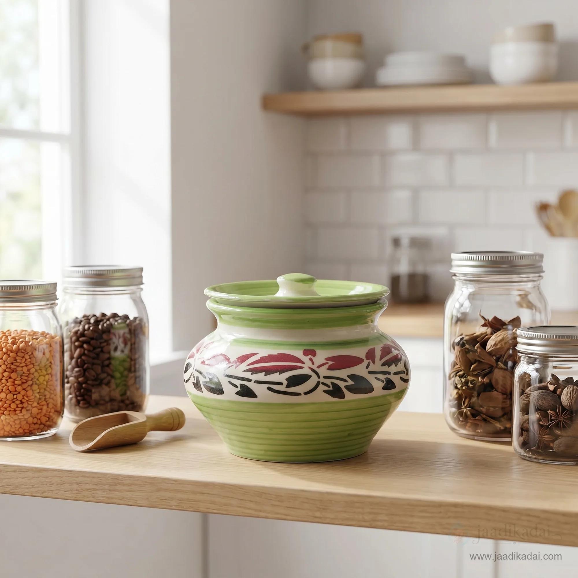 Green floral ceramic storage pot placed on a kitchen counter surrounded by glass jars of lentils and spices.