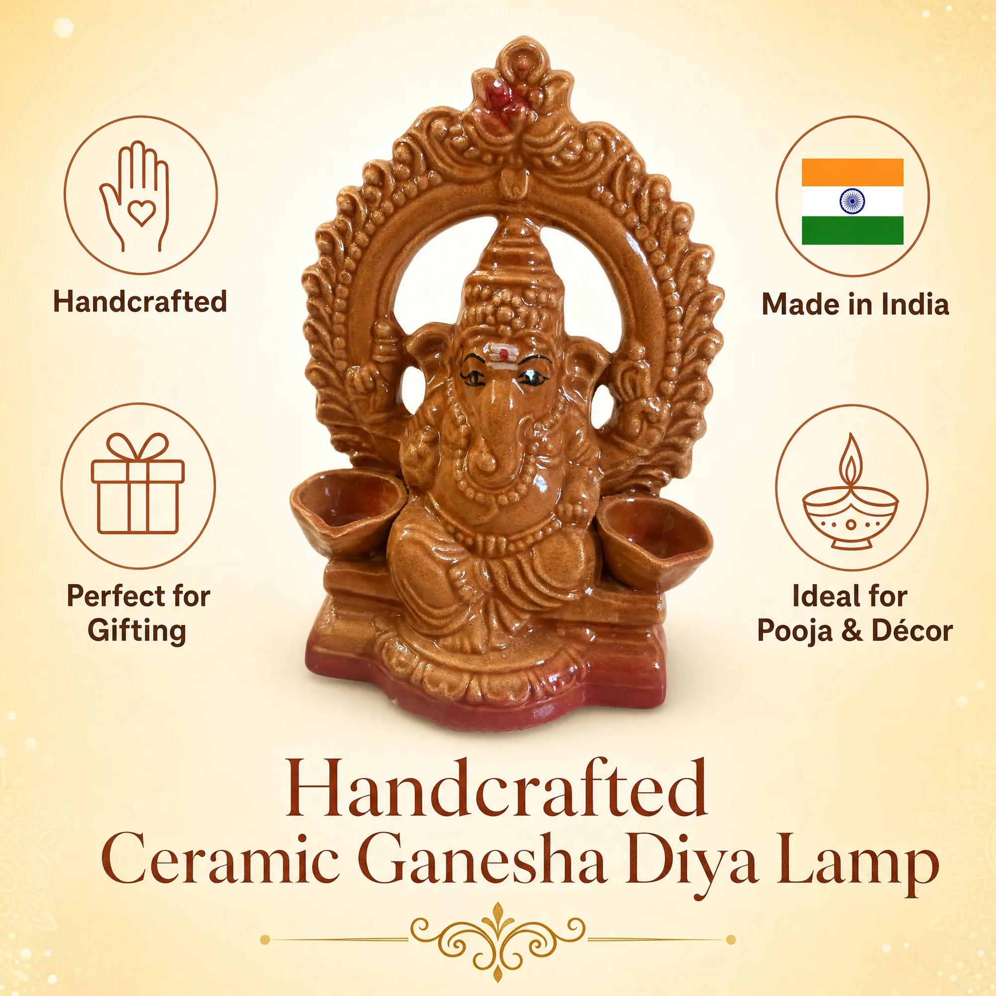 Ceramic Ganesha diya lamp with icons highlighting features like '', 'Made in India', 'Perfect for Gifting', and 'Ideal for Pooja & Décor'.