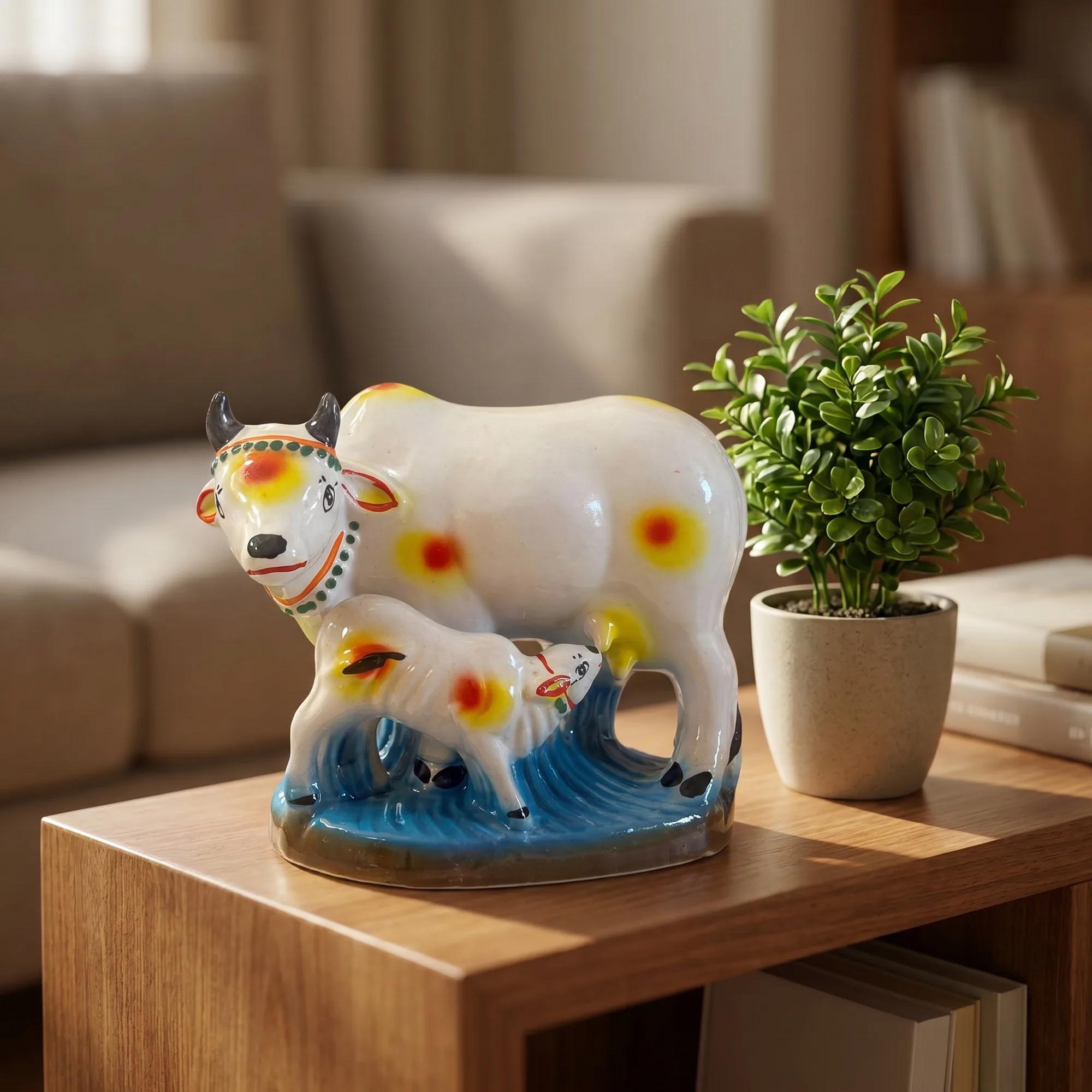 Ceramic Kamadhenu cow and calf showpiece with a blue base, styled on a wooden side table next to a small green plant in a living room.