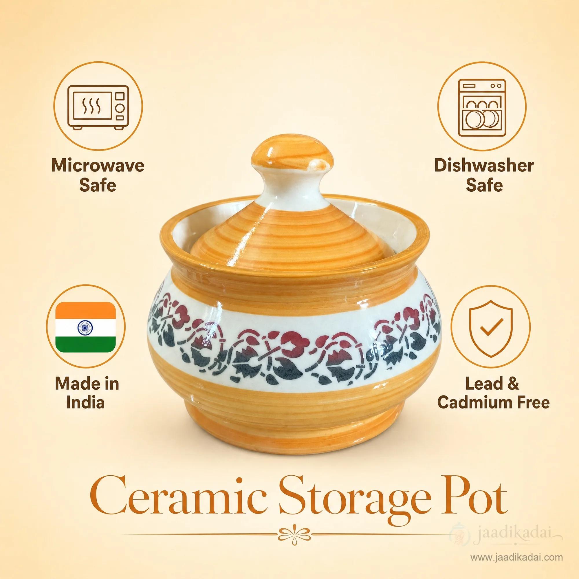 Ceramic storage pot highlighting its microwave safe, dishwasher safe, and lead-cadmium free properties.